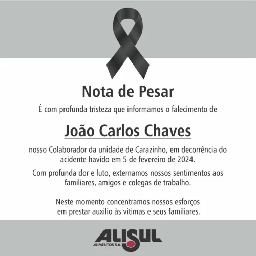 É com profunda tristeza que informamos o falecimento deJoão Carlos Chavesnosso Colaborador da unidade de Carazinho, em decorrência do acidente havido em 5 de fevereiro de2024.Com profunda dor e luto, externamos nossos sentimentos aos familiares, amigos e colegas de trabalho.Neste momento concentramos nossos esforços em prestar auxilio às vitimas e seus familiares.